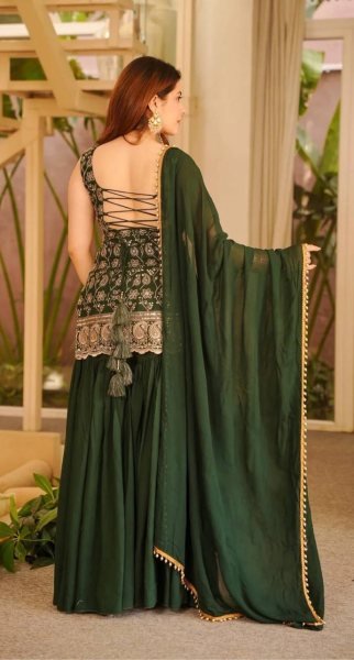 Green Blooming Faux Georgette Sharara Suit with Heavy Embroidery Sequence Work Ready To Wear Collection