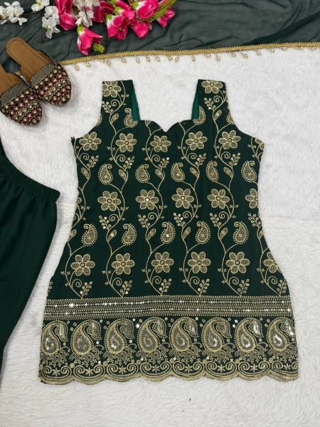 Green Blooming Faux Georgette Sharara Suit with Heavy Embroidery Sequence Work Ready To Wear Collection