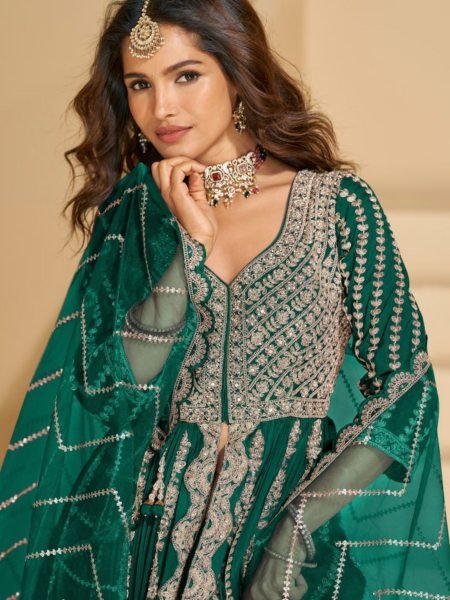 Green Color Eid Special Heavy Real Chinon Anarkali Lehenga Suit with Full Sequence Work In Best Price Salwar Kameez