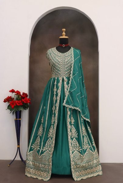 Green Color Eid Special Heavy Real Chinon Anarkali Lehenga Suit with Full Sequence Work In Best Price Anarakali Gown Wholesale