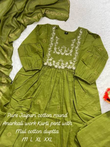 Green Color Embroidered Cotton Anarkali Kurti with Printed Pant & Dupatta For Women Anarkali Kurtis 