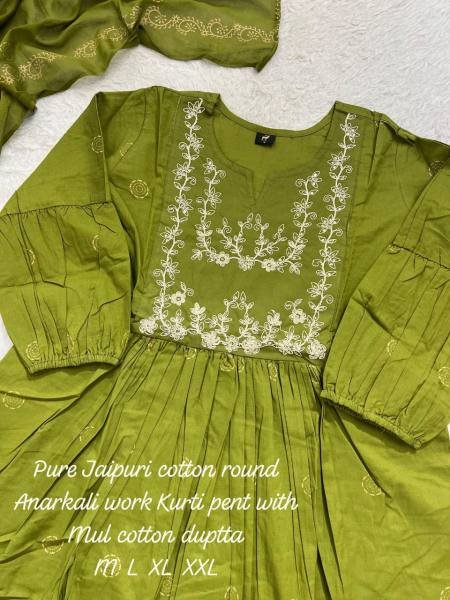 Green Color Embroidered Cotton Anarkali Kurti with Printed Pant & Dupatta For Women Anarkali Kurtis 