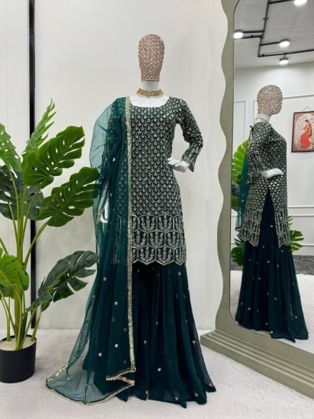 Green Color Fox Georgette Sequence Work Sharara Set  