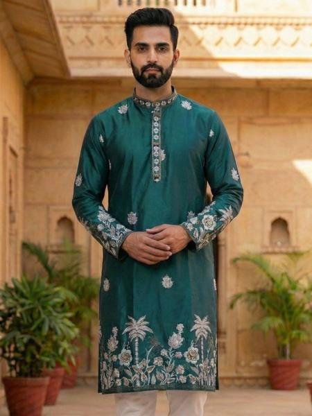 Green Color Heavy Embroidery Work Malai Silk Kurta Set at Best Rates For Mens Mens Wear