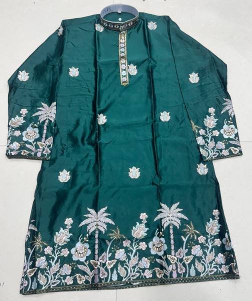 Green Color Heavy Embroidery Work Malai Silk Kurta Set at Best Rates For Mens Kurta Pajama Wholesale
