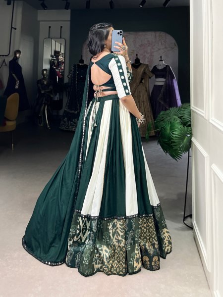 Green Color Rayon And Tussar Silk Navratri Lehenga Choli Navratri Lehnega Choli