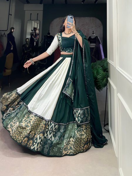 Green Color Rayon And Tussar Silk Navratri Lehenga Choli Navratri Lehnega Choli