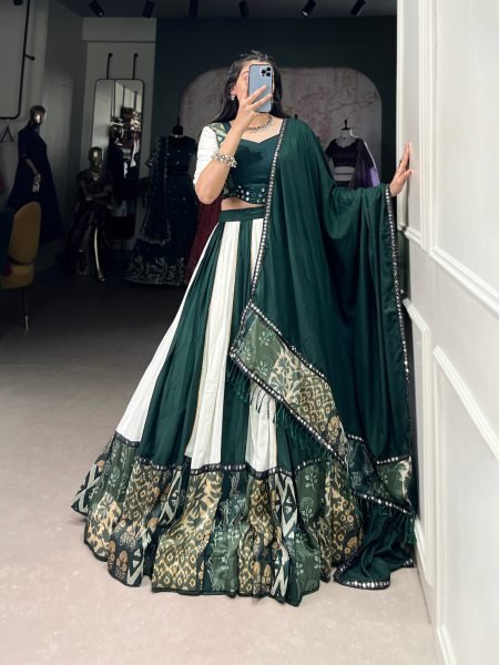 Green Color Rayon And Tussar Silk Navratri Lehenga Choli Navratri Lehnega Choli
