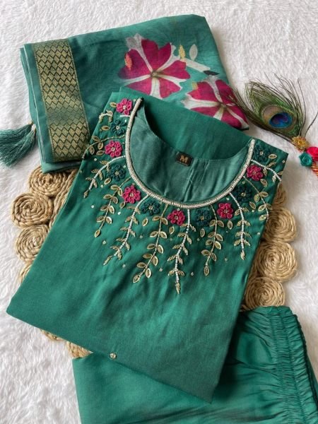 Green Color Roman Silk Kurti Pant With Dupatta  3 Piece Kurti Set