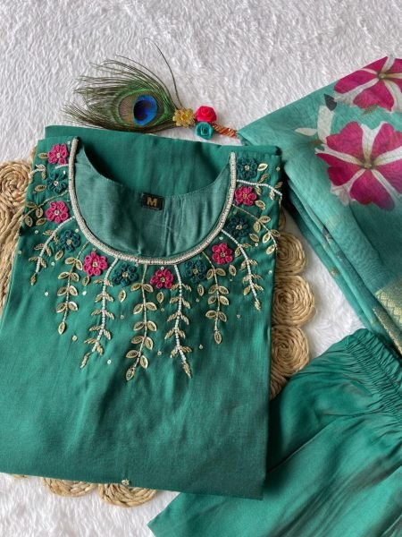 Green Color Roman Silk Kurti Pant With Dupatta  3 Piece Kurti Set