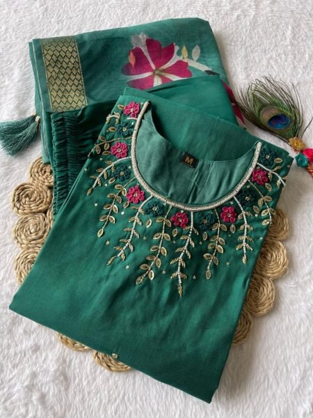 Green Color Roman Silk Kurti Pant With Dupatta  3 Piece Kurti Set
