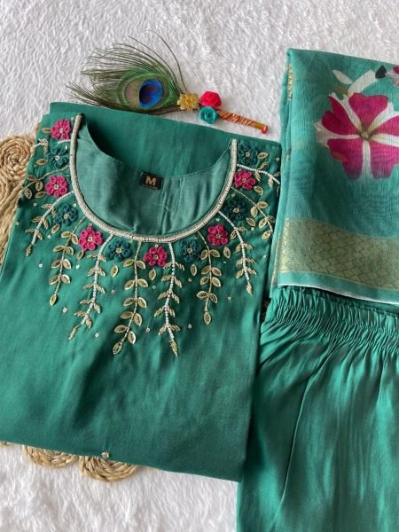 Green Color Roman Silk Kurti Pant With Dupatta  3 Piece Kurti Set