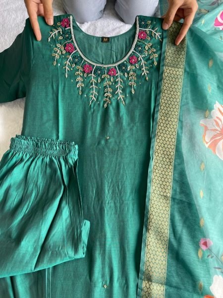 Green Color Roman Silk Kurti Pant With Dupatta  3 Piece Kurti Set