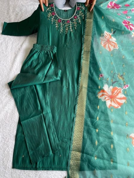 Green Color Roman Silk Kurti Pant With Dupatta  3 Piece Kurti Set