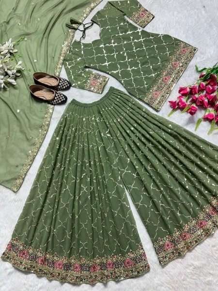 Green Color Sequence Work Fully Stitched Party Wear Sharara Suit With Dupatta Ready To Wear Collection