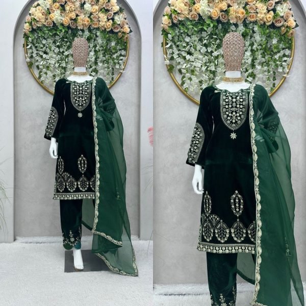Green Color Velvet Thread Work Suits  Ready To Wear Collection