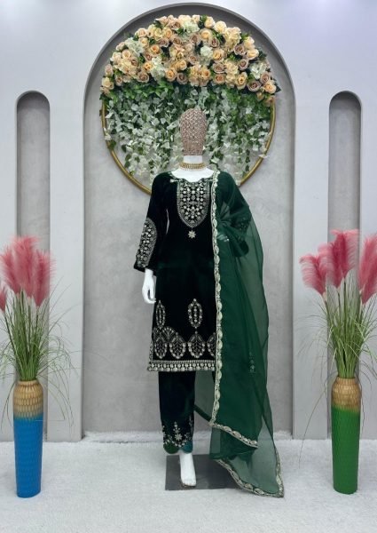 Green Color Velvet Thread Work Suits  Ready To Wear Collection