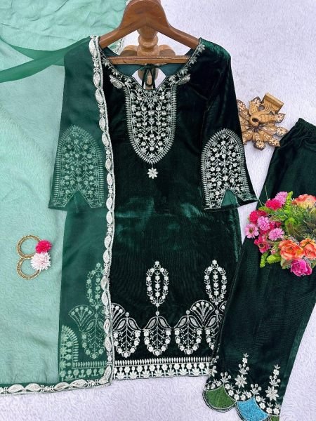 Green Color Velvet Thread Work Suits  Ready To Wear Collection