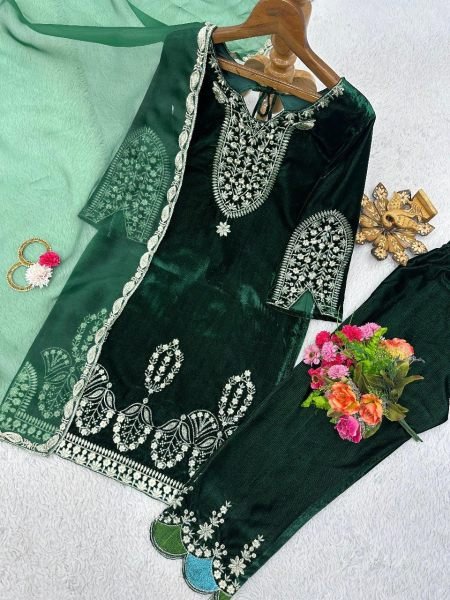 Green Color Velvet Thread Work Suits  Ready To Wear Collection