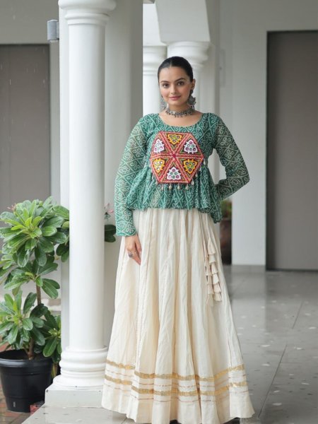 Amazeballs Green Cotton Navratri Special Lehenga With Bandhani Print Peplum Top 