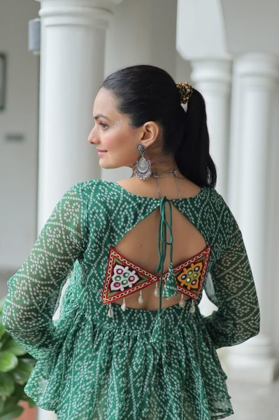 Amazeballs Green Cotton Navratri Special Lehenga With Bandhani Print Peplum Top Navratri Collection