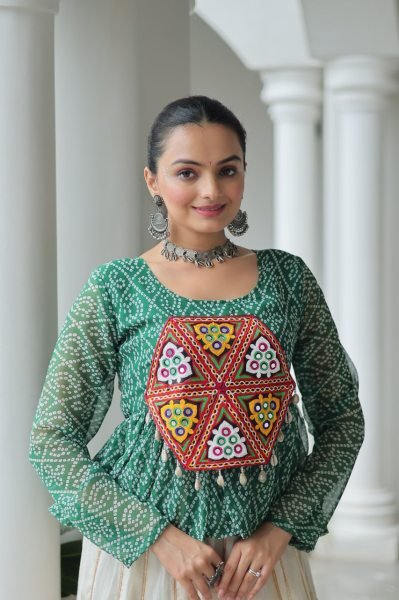 Amazeballs Green Cotton Navratri Special Lehenga With Bandhani Print Peplum Top Navratri Collection