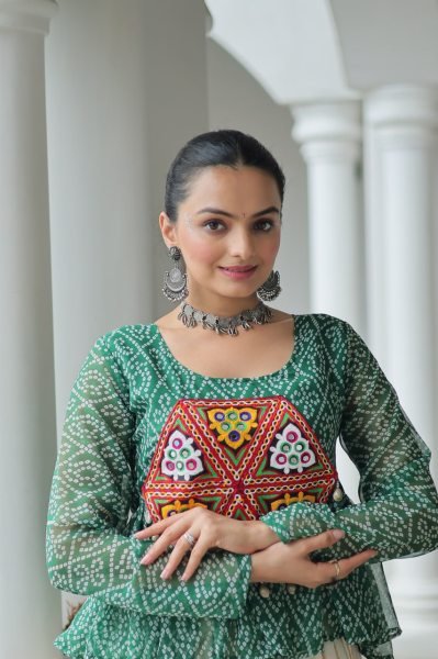 Amazeballs Green Cotton Navratri Special Lehenga With Bandhani Print Peplum Top Navratri Collection