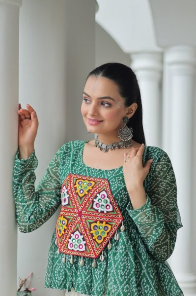 Amazeballs Green Cotton Navratri Special Lehenga With Bandhani Print Peplum Top Navratri Collection