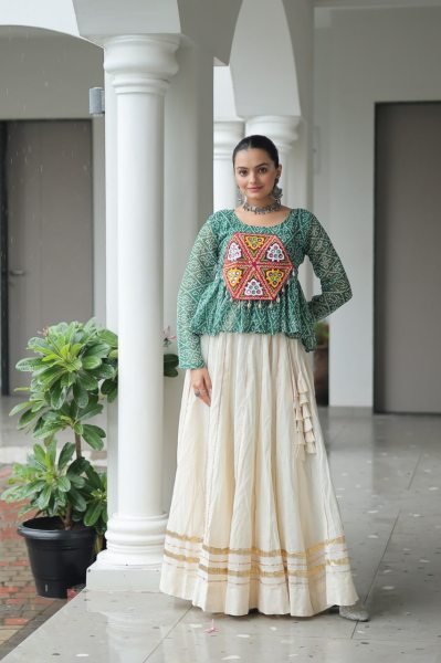 Amazeballs Green Cotton Navratri Special Lehenga With Bandhani Print Peplum Top Navratri Collection