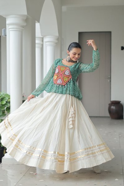 Amazeballs Green Cotton Navratri Special Lehenga With Bandhani Print Peplum Top Navratri Collection