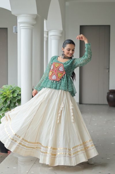 Amazeballs Green Cotton Navratri Special Lehenga With Bandhani Print Peplum Top Navratri Collection