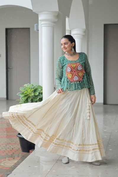 Amazeballs Green Cotton Navratri Special Lehenga With Bandhani Print Peplum Top Navratri Collection