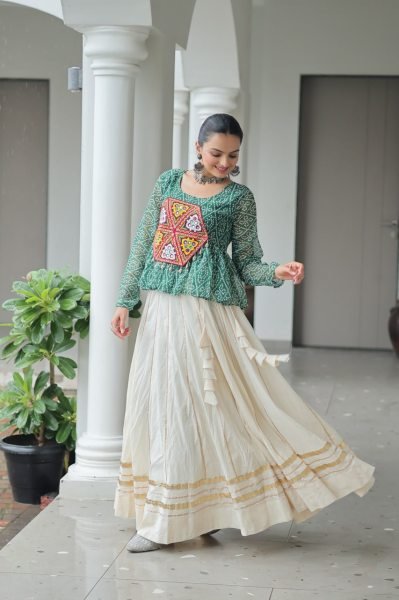 Amazeballs Green Cotton Navratri Special Lehenga With Bandhani Print Peplum Top Navratri Collection