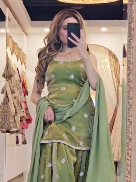 Green Crushi Silk Embroidery Top with Farshi Salwar and Dupatta Festive Ready to Wear Ensemble Ready To Wear Suit