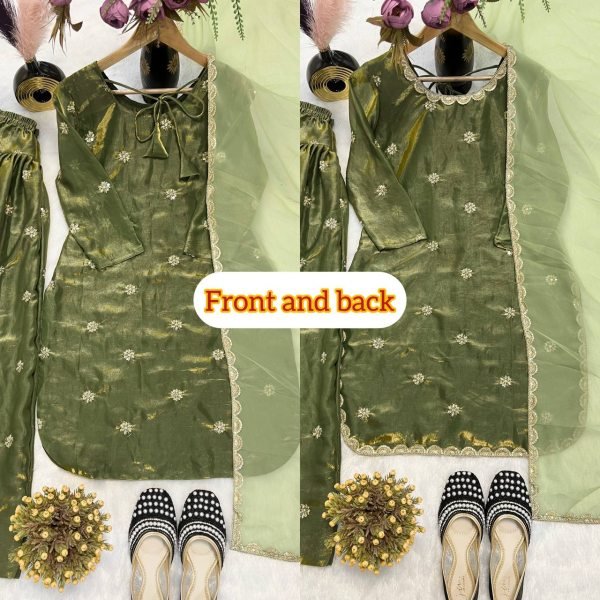 Green Crushi Silk Embroidery Top with Farshi Salwar and Dupatta Festive Ready to Wear Ensemble Ready To Wear Collection