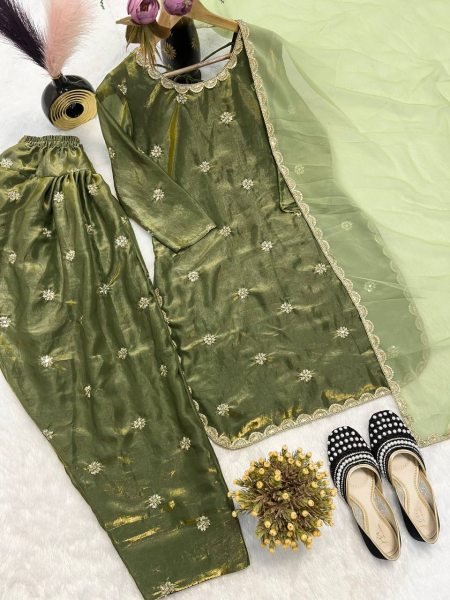 Green Crushi Silk Embroidery Top with Farshi Salwar and Dupatta Festive Ready to Wear Ensemble Ready To Wear Collection