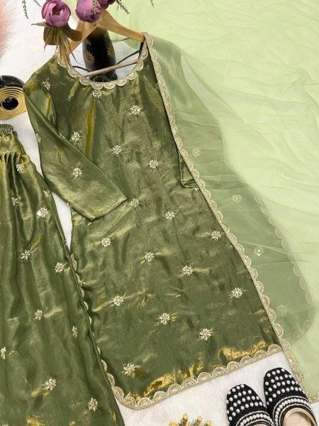 Green Crushi Silk Embroidery Top with Farshi Salwar and Dupatta Festive Ready to Wear Ensemble Ready To Wear Collection