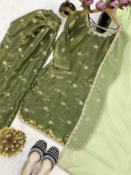 Green Crushi Silk Embroidery Top with Farshi Salwar and Dupatta Festive Ready to Wear Ensemble Ready To Wear Collection