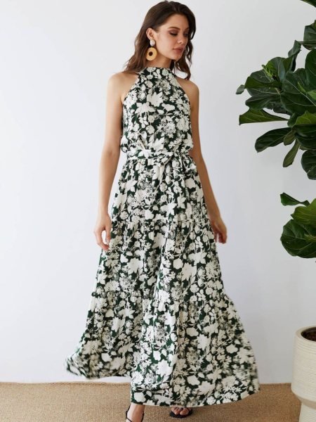 Green Emerald Bloom Linen Cotton Halter Neck Maxi Dress for Resort Wear Kurtis