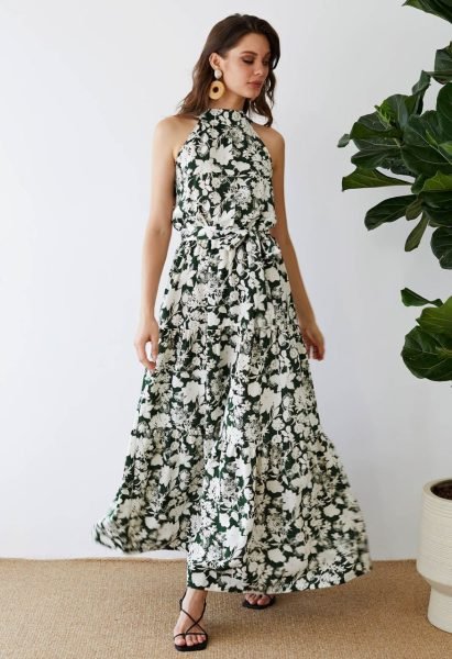 Green Emerald Bloom Linen Cotton Halter Neck Maxi Dress for Resort Wear Western Ladies Top Wholesale