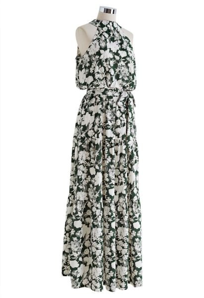 Green Emerald Bloom Linen Cotton Halter Neck Maxi Dress for Resort Wear Western Ladies Top Wholesale