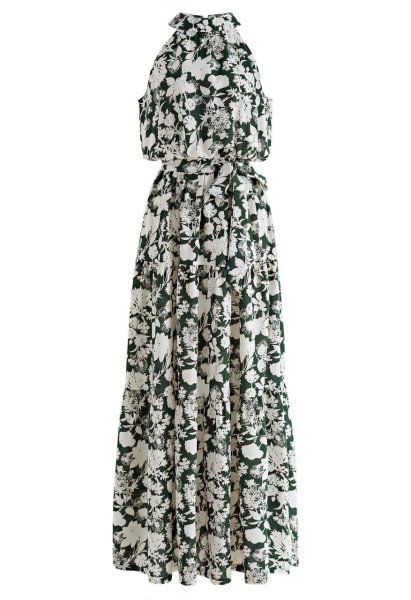 Green Emerald Bloom Linen Cotton Halter Neck Maxi Dress for Resort Wear Western Ladies Top Wholesale