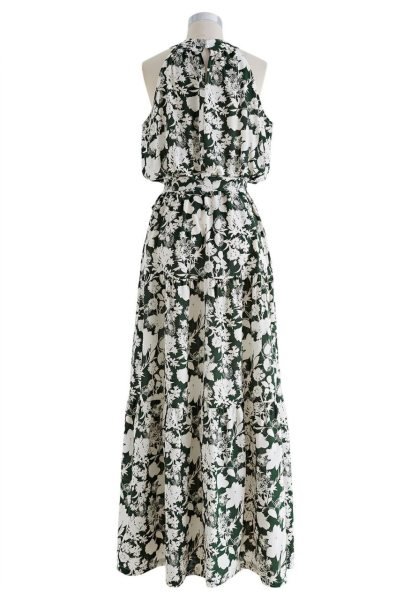 Green Emerald Bloom Linen Cotton Halter Neck Maxi Dress for Resort Wear Western Ladies Top Wholesale