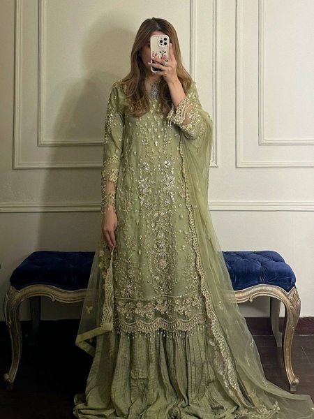 Green Faux Georgette Heavy Embroidered Top Sharara Set with Dupatta Ready to Wear for Festive Occasions 