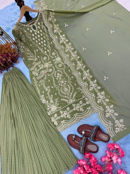 Green Faux Georgette Heavy Embroidered Top Sharara Set with Dupatta Ready to Wear for Festive Occasions Ready To Wear Collection
