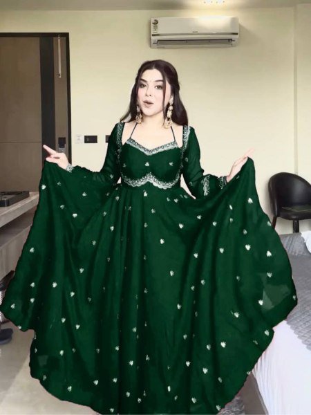 Green Festival Wear Georgette  Anarkali with Matching Pant and Dupatta for Reseller