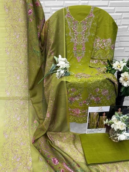 Green Festive Collection Cotton Suit with Heavy Embroidery and Elegant Printed Dupatta Pakistani Suits Wholesale
