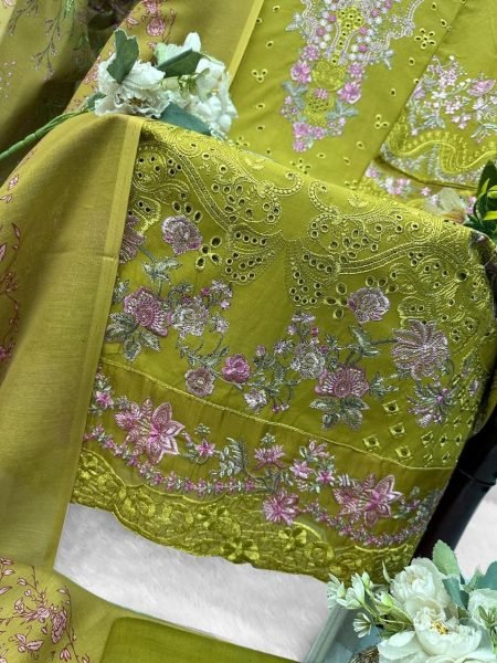 Green Festive Collection Cotton Suit with Heavy Embroidery and Elegant Printed Dupatta Pakistani Suits Wholesale