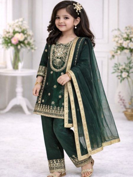 Green Festive Fendy Silk Kids Palazzo Set with Elegant Dupatta Kurtis
