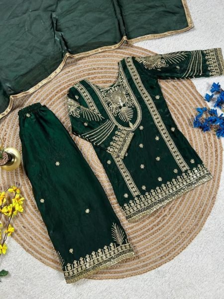 Green Festive Fendy Silk Kids Palazzo Set with Elegant Dupatta Girls Wear